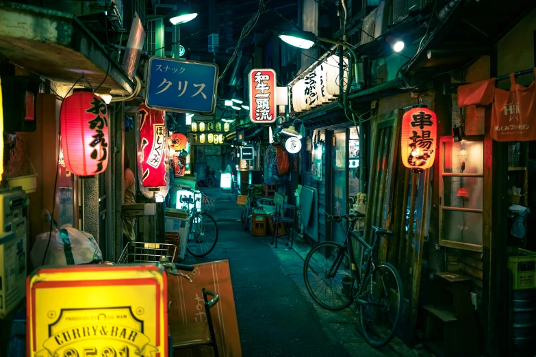 a narrow alley in an asian city at night, unsplash contest winner, ukiyo-e, dive bar with a karaoke machine, 🦩🪐🐞👩🏻🦳, 80's japanese photo, green neon signs