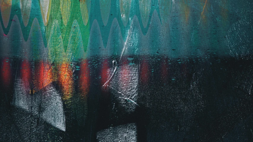 a close up of a painting on a wall, inspired by Hans Hartung, pexels contest winner, lyrical abstraction, red green black teal, while it's raining, illustration iridescent, dimly - lit