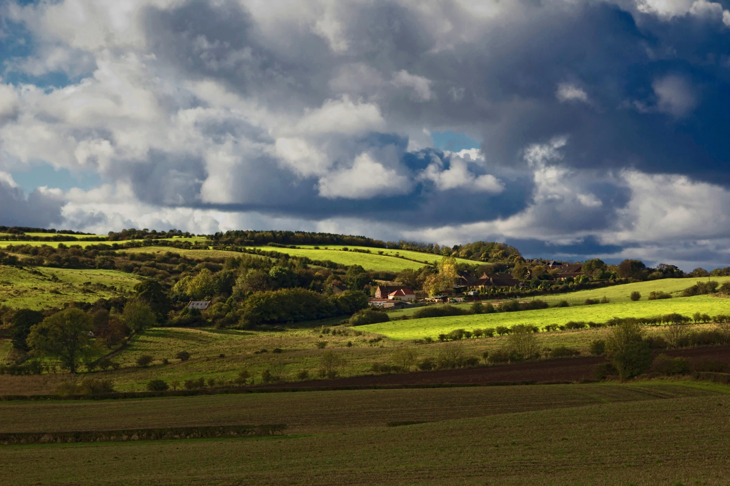 a herd of sheep grazing on top of a lush green hillside, by Peter Churcher, pexels contest winner, dark clouds above, wide view of a farm, madgwick, late afternoon light