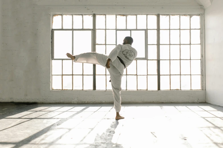 a man doing a kick in an empty room, inspired by Kanō Shōsenin, unsplash contest winner, arabesque, wearing a white gi, alana fletcher, background image, profile image