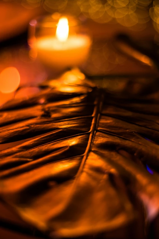 a lit candle sitting on top of a wooden table, fronds, orange lights, touch of gold leaf, abstract photography