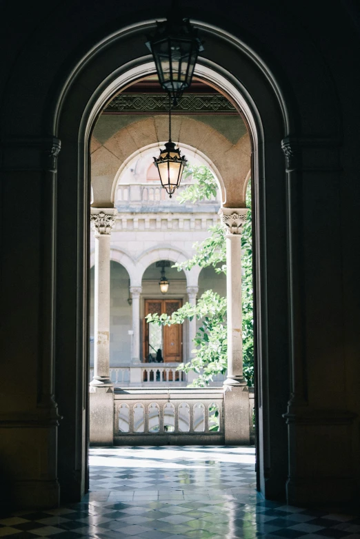 a black and white checkered floor in a building, inspired by Giovanni Battista Innocenzo Colombo, unsplash contest winner, symmetrical doorway, summer evening, light above palace, view from back