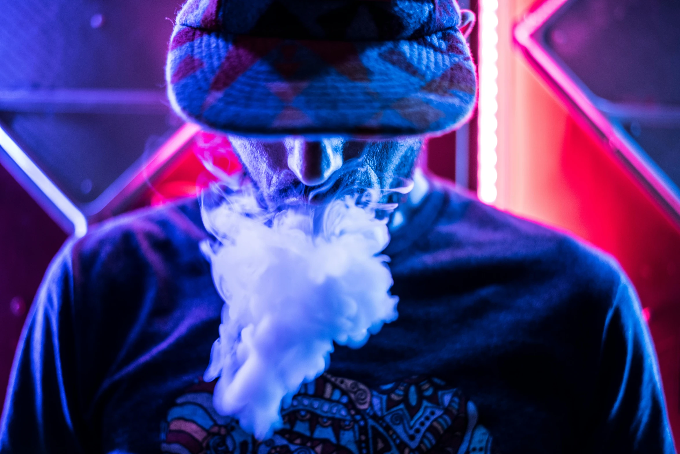 a man wearing a hat smoking a cigarette, pexels contest winner, process art, vapor wave, smoking a bowl of hash together, blue and white and red mist, teddy fresh