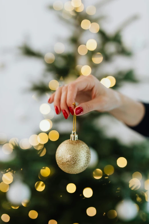 a person holding a christmas ornament in front of a christmas tree, pexels contest winner, minimalism, gold speckles, épaule devant pose, attractive, illustration”