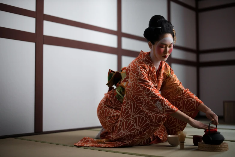 a woman in a kimono sitting on the floor, pexels contest winner, square, tea ceremony scene, ( ( theatrical ) ), february)