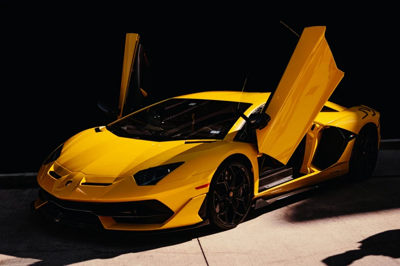 a yellow sports car parked in a parking lot, pexels contest winner, hyperrealism, lamborghini aventador photoshoot, unreal engine. 8 k, instagram post, $100000000