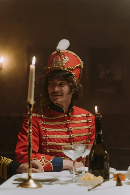 a couple of people that are sitting at a table, an album cover, pexels contest winner, rococo, general uniform, riccardo scamarcio, low light cinematic, surikov