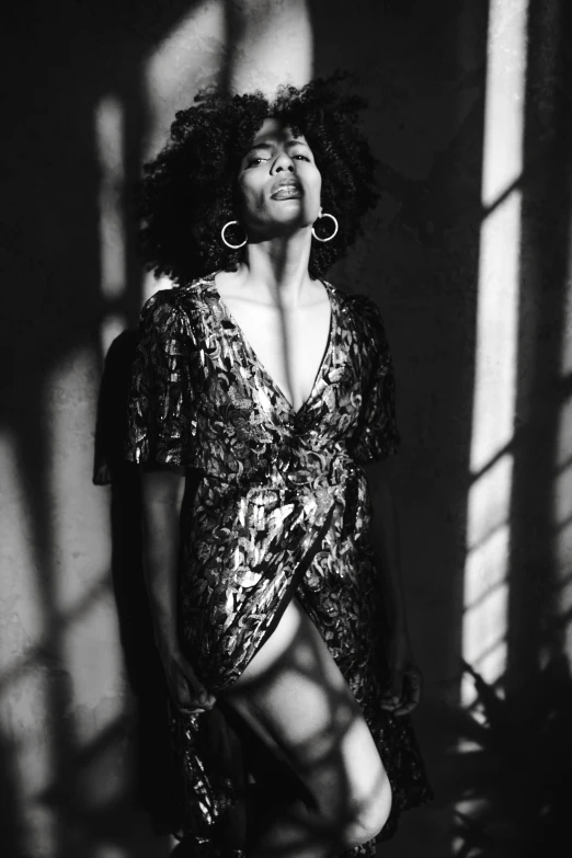 a black and white photo of a woman in a dress, r&b, vibrant light, black curly hair, shady