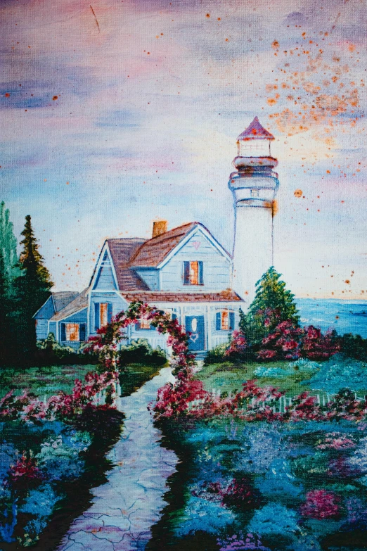 a painting of a house with a lighthouse in the background, inspired by Childe Hassam, lights with bloom, 1 6 x 1 6, 2021 award winning painting, watercolor on canvas