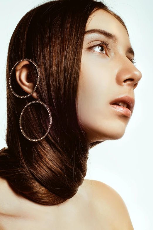 a close up of a woman with long hair, trending on pexels, big hooped earrings, lucy in the sky with diamonds, half - length photo, concept photo