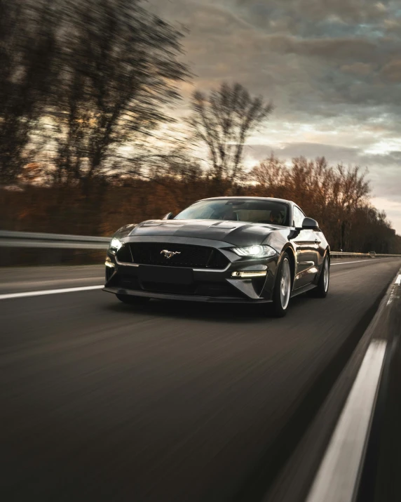 a silver mustang driving down a highway with trees in the background, by Daniel Seghers, pexels contest winner, black car, front lit, scandinavian, ford