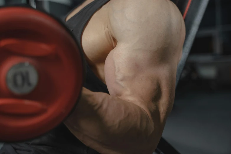 a man lifting a barbell in a gym, pexels contest winner, hyperrealism, showing off biceps, huge veins, background image, animation