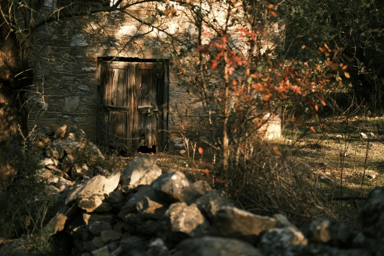 a stone building surrounded by trees and rocks, a picture, unsplash, les nabis, medium format. soft light, door, autumn overgrowth, movie filmstill