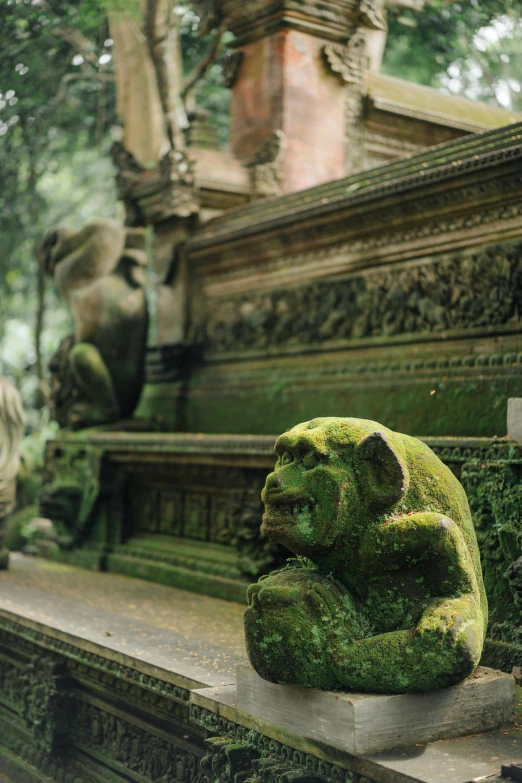 a close up of a statue with moss on it, inspired by Steve McCurry, renaissance, monkeys, stone pews, bali, archways made of lush greenery