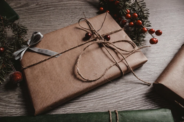 christmas presents wrapped in brown paper and tied with twine, by Emma Andijewska, pexels contest winner, realism, tabletop role playing game, background image, wood print, classic portrait