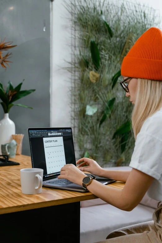 a woman sitting at a table using a laptop computer, trending on pexels, pixel art, with black beanie on head, wearing an orange t shirt, next to a plant, ui and ux