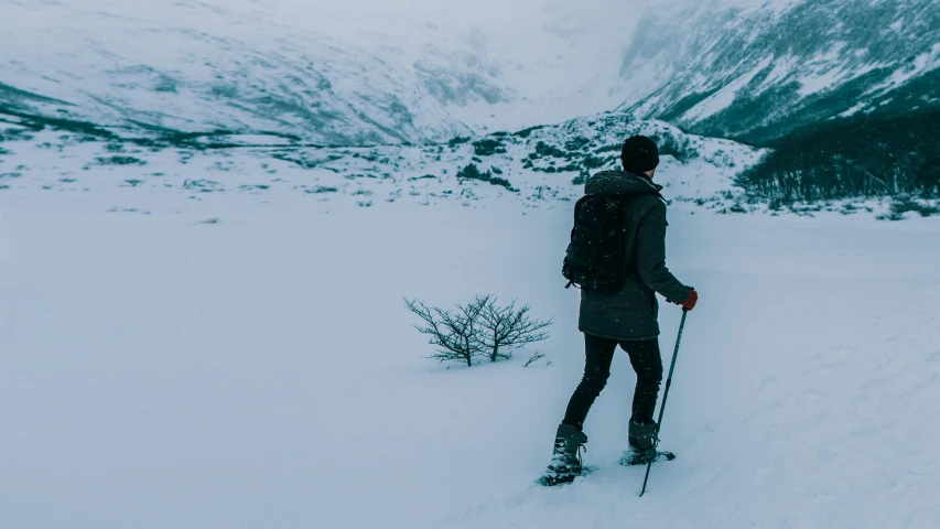 a man riding skis down a snow covered slope, pexels contest winner, hiking cane, lo fi, thumbnail, norwegian