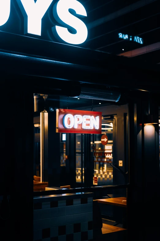 the front of a toy's store lit up at night, trending on unsplash, open room, standing in a restaurant, opening door, thumbnail