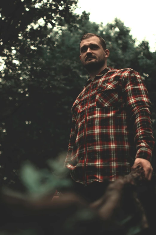 a man standing in the middle of a forest, wearing a flannel shirt, tomasz strzalkowski, promotional image, profile image