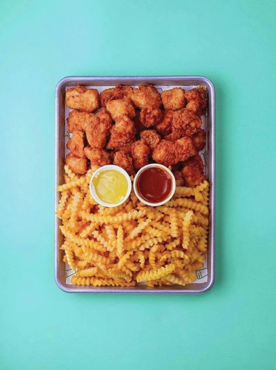 a tray of chicken nuggies, fries and ketchup, by Carey Morris, ruffled wings, 6 pack, daily specials, best friends