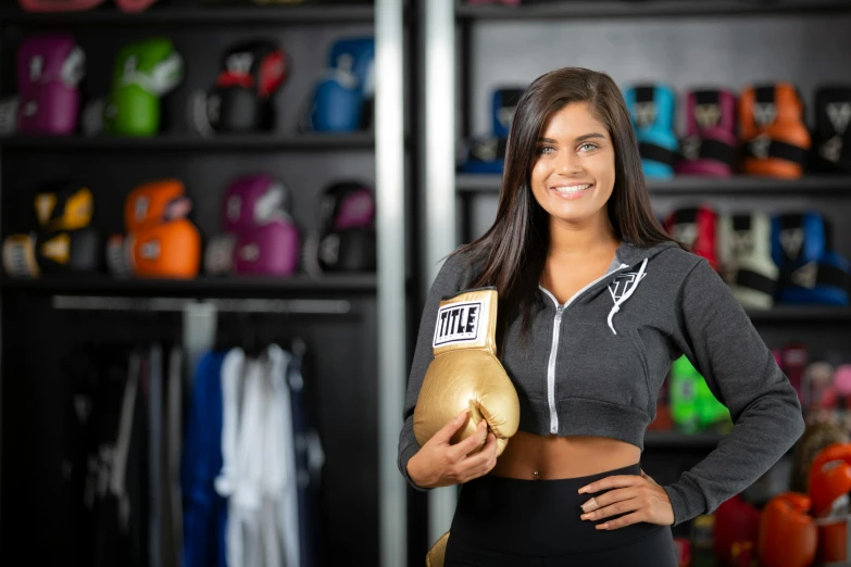 a woman posing for a picture in a gym, featured on dribble, an angel with boxing gloves, official store photo, sports illustrated, profile picture