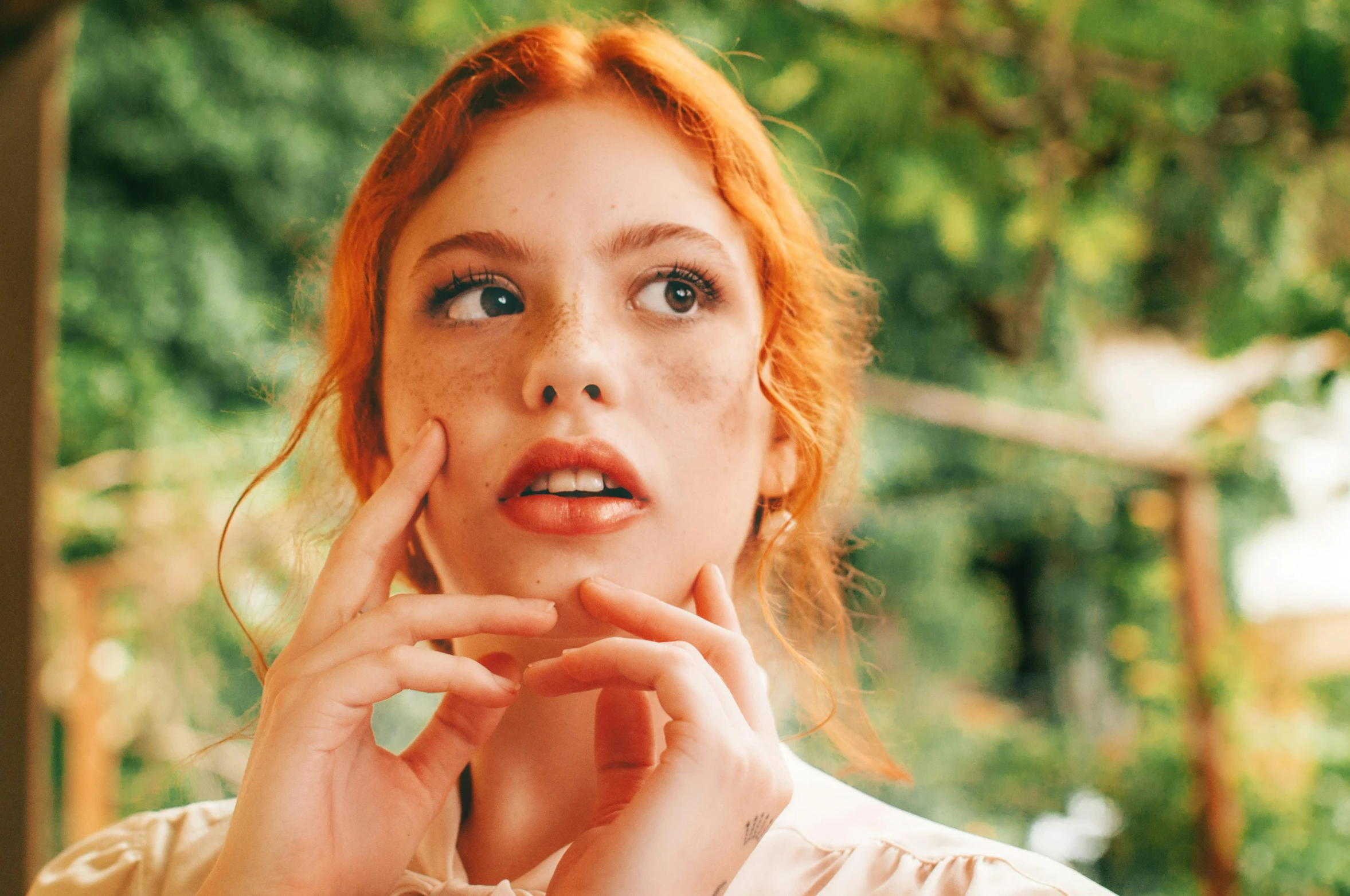 a close up of a person with red hair, by Julia Pishtar, trending on pexels, renaissance, young woman looking up, sydney sweeney, cottagecore, polka dot