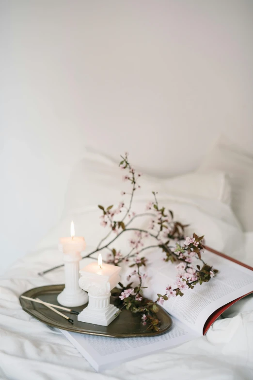 a book sitting on top of a bed next to a candle, white blossoms, in a white boho style studio, beds, manuka