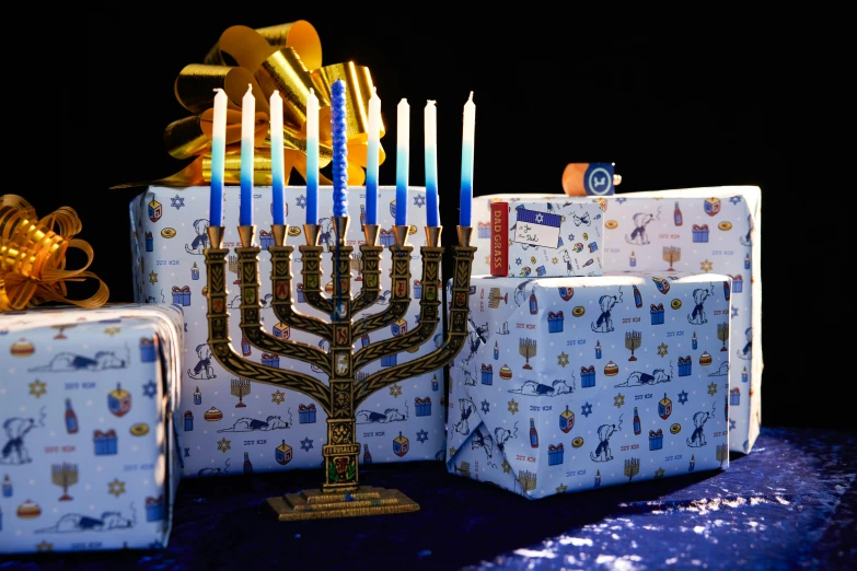 a hanukah menorah and gift boxes on a table, by Julia Pishtar, fan favorite, square, fantasy medium shot, viral image