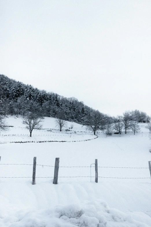 a fence in the middle of a snow covered field, inspired by Pierre Pellegrini, pexels contest winner, hill with trees, behind a tiny village, in karuizawa, 4k)