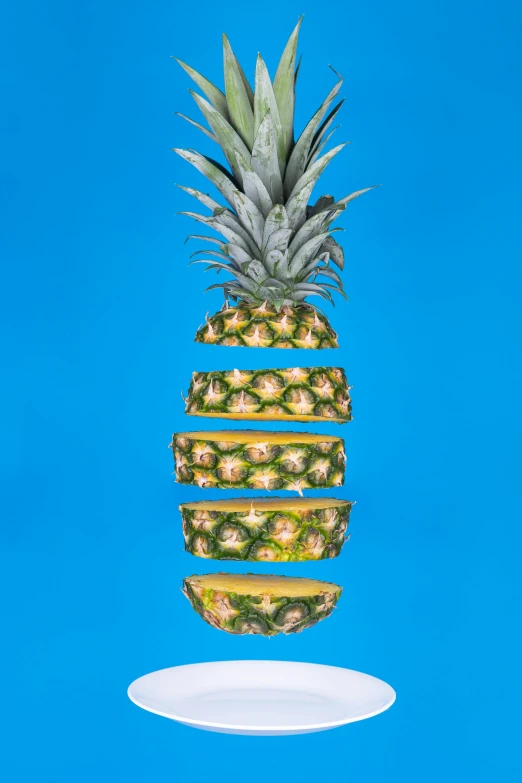 a pineapple sitting on top of a white plate, with a blue background, multi-part, show from below, uncrop