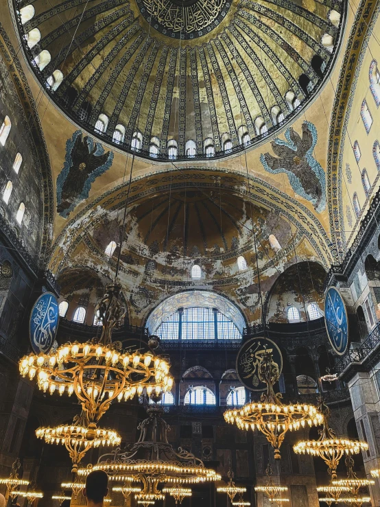 a group of people standing inside of a building, a mosaic, trending on unsplash, baroque, with great domes and arches, 2 5 6 x 2 5 6 pixels, chandelier, turkey