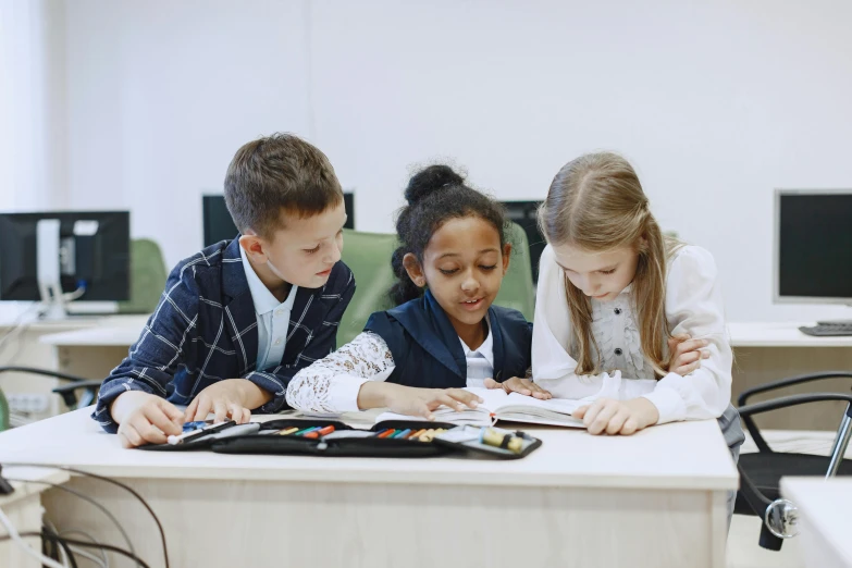 a group of young children sitting at a table, pexels contest winner, danube school, coding time, avatar image, whiteboards, rule of three