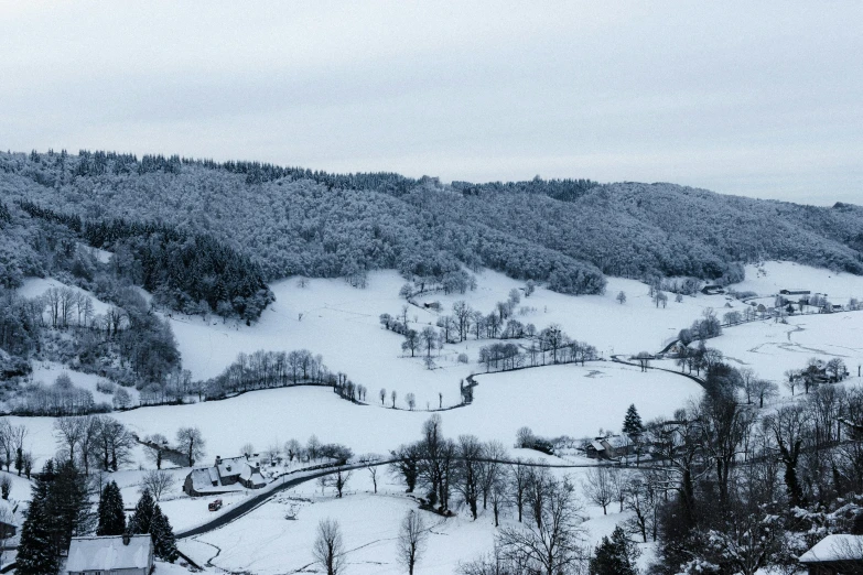 a man riding skis down a snow covered slope, a photo, inspired by Karl Stauffer-Bern, les nabis, village in the woods, drone photograpghy, farming, a cozy