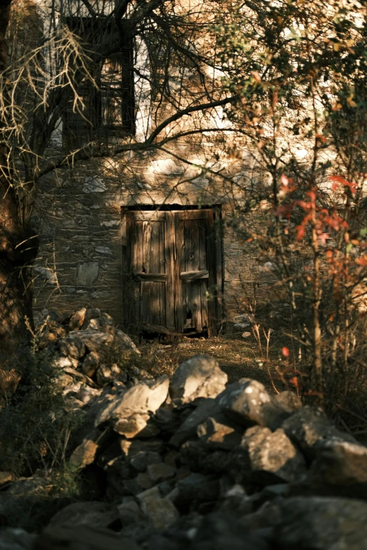 a stone building surrounded by trees and rocks, a picture, inspired by Jean-Baptiste-Camille Corot, pexels contest winner, wood door, autochrome, greece, medium format. soft light