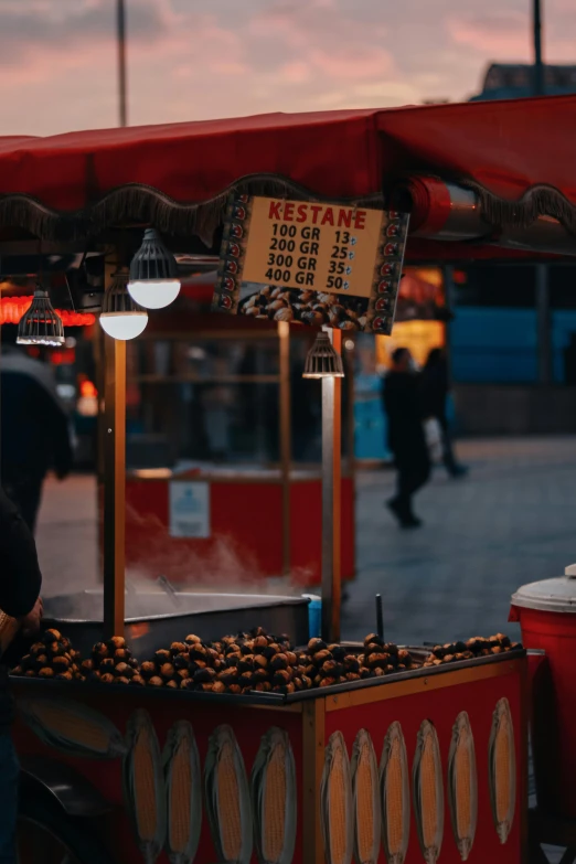 a man standing in front of a food stand, by Kristian Kreković, trending on unsplash, realism, oak acorns, smokey lights, square, chip 'n dale