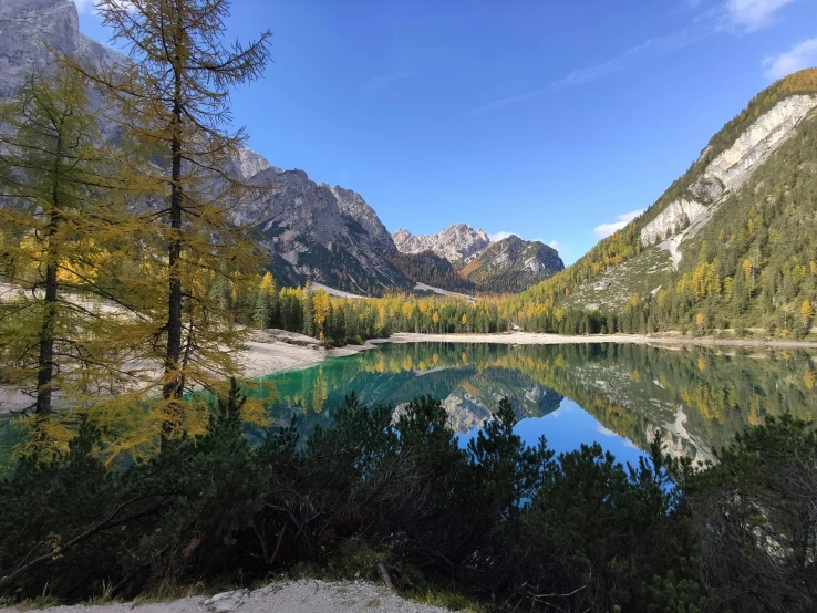 a lake surrounded by trees with mountains in the background, a picture, by Carlo Martini, hurufiyya, lago di sorapis, avatar image
