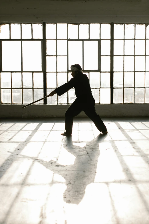 a man that is standing in a room with a sword, inspired by Ma Quan, unsplash, arabesque, tai chi, silhouetted, no cropping, ai weiwei and gregory crewdson