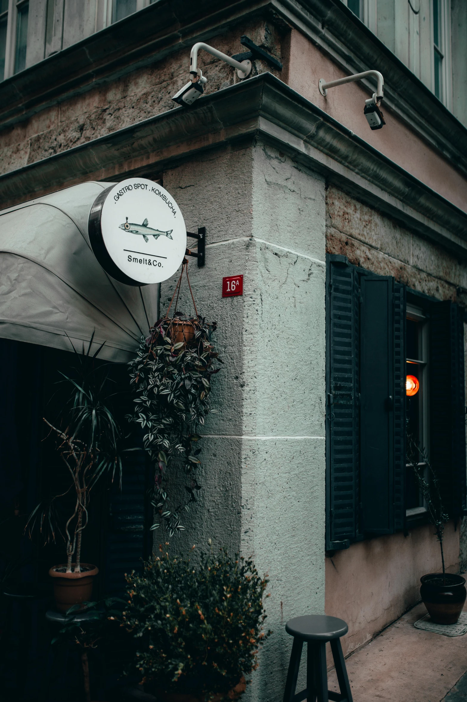 a clock that is on the side of a building, a photo, by Tobias Stimmer, trending on unsplash, dimly-lit cozy tavern, building cover with plant, restaurant menu photo, doorway