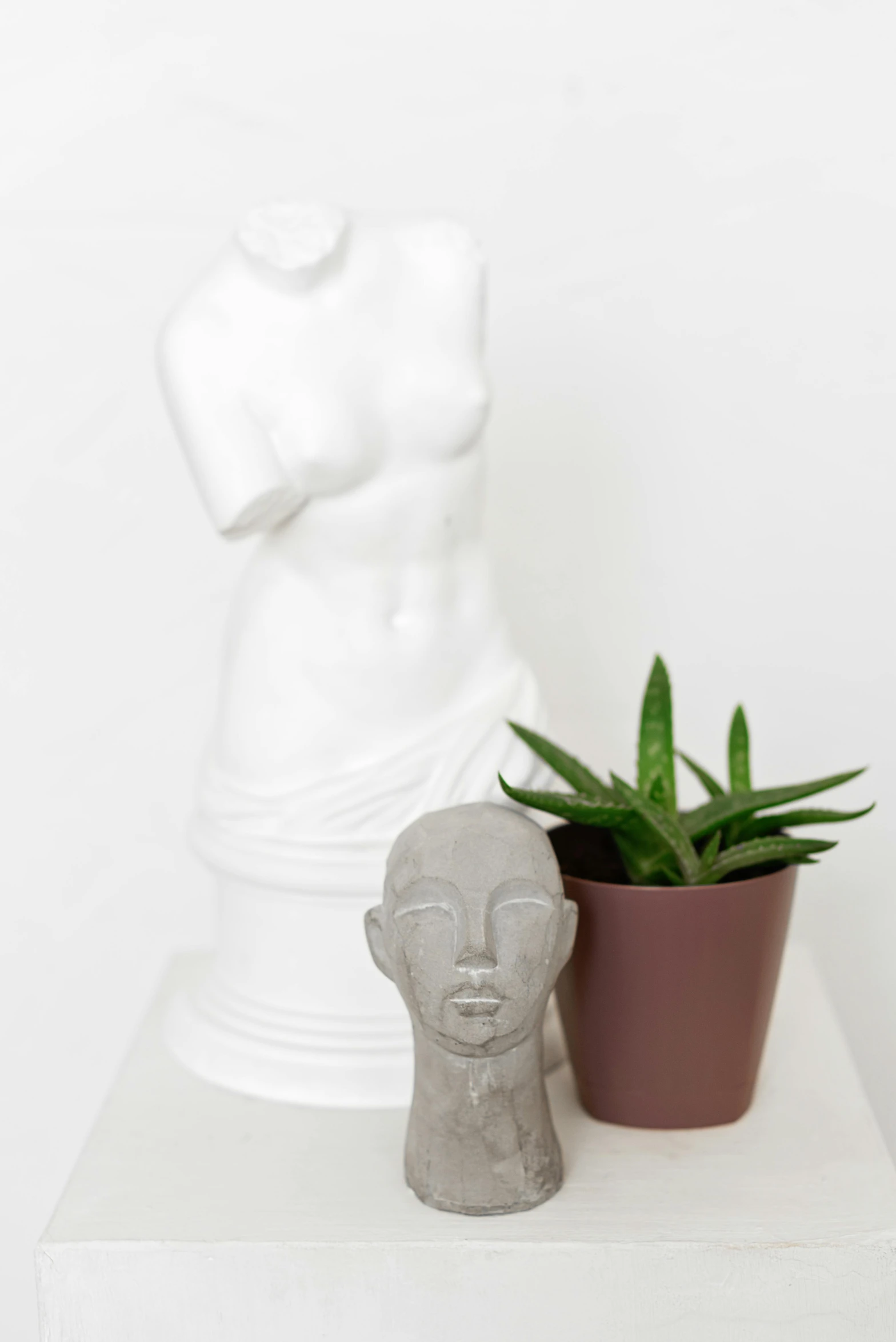 a white statue sitting on top of a table next to a potted plant, inspired by Apelles, with grey skin, product display photograph, decolletage, detailed product image