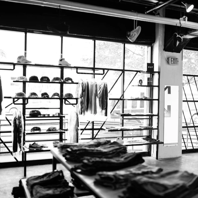 a black and white photo of a clothing store, unsplash, lyco art, shelves, denim, open vault, oceanside