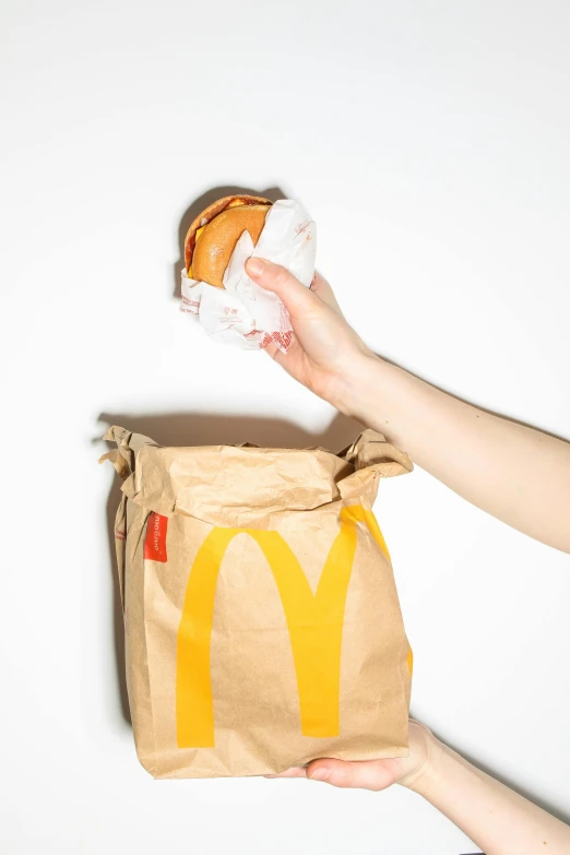 a person holding a paper bag with a hamburger in it, by Alison Geissler, unsplash, conceptual art, porcelain organic tissue, mcdonalds, dezeen, glue dropping