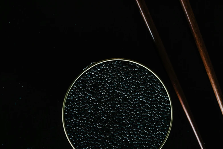 a close up of a metal object on a table, an album cover, inspired by Kanō Naizen, unsplash, kinetic pointillism, chopsticks, black on black, fish skin, magnifying glass