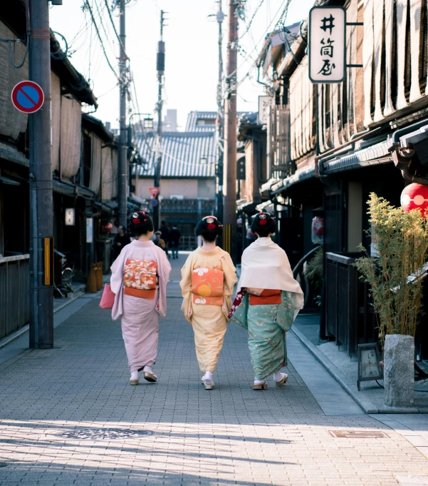 two women in kimono walking down a street, unsplash, three women, leading to a beautiful, from the back, けもの