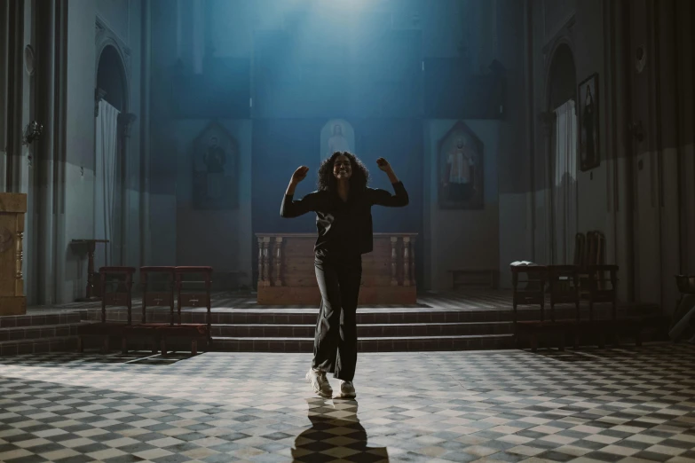 a woman standing on a checkered floor in a church, an album cover, unsplash contest winner, romanesque, [ theatrical ], performing a music video, sza, natural lighting. 8 k