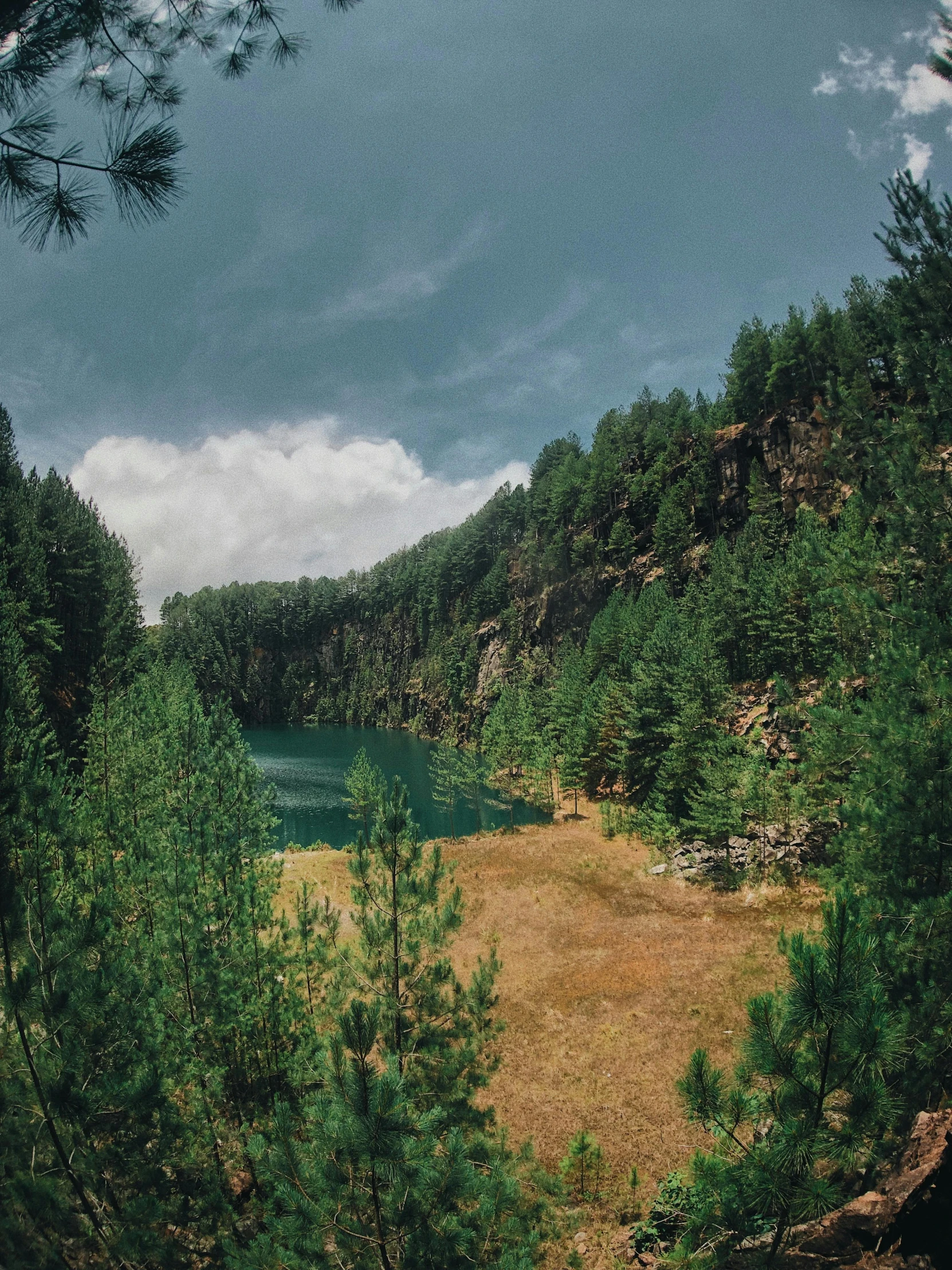 a large body of water surrounded by trees, a picture, pexels contest winner, arrendajo in avila pinewood, 2 5 6 x 2 5 6 pixels, instagram story, cinematic still