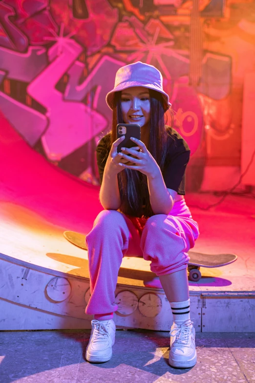 a woman sitting on a skateboard looking at her phone, pokimane, pink lighting, wearing a baseball hat, posed