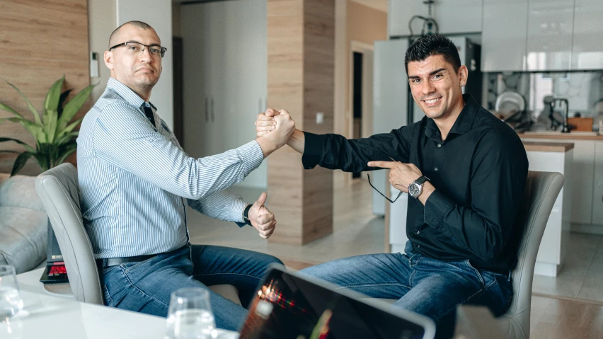 two men sitting at a table shaking hands, by Sebastian Vrancx, confident action pose, clinical, thumb up, ultrastation hq