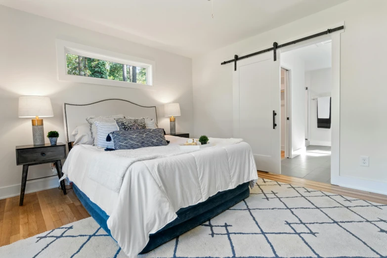 a bed room with a neatly made bed, by Carey Morris, unsplash, white and blue color scheme, doors to various bedrooms, beachwood treehouse, slide show