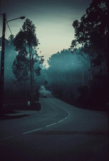 a black and white photo of a street at night, an album cover, inspired by Elsa Bleda, unsplash contest winner, tonalism, eucalyptus trees, cyan fog, hilly road, in a gentle green dawn light