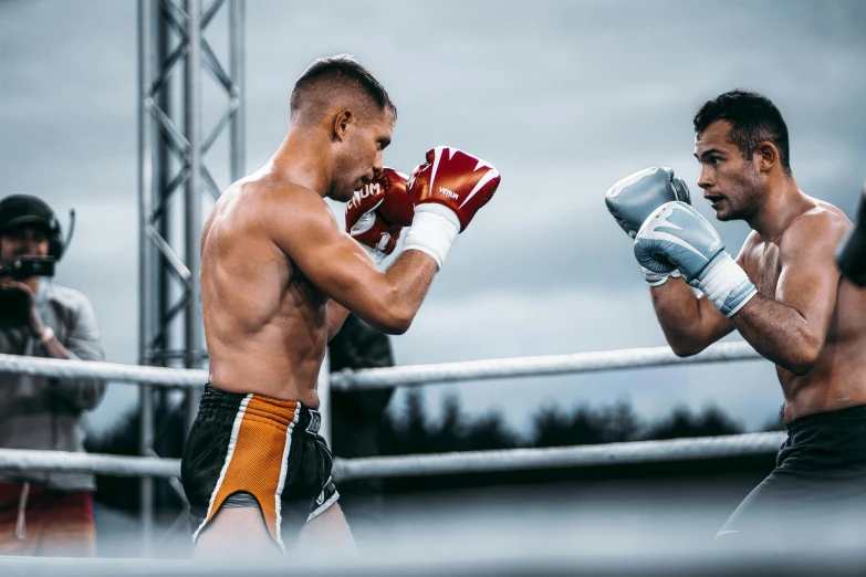 a couple of men standing next to each other on a boxing ring, unsplash, figuration libre, in fighter poses, nature outside, profile image, very buff